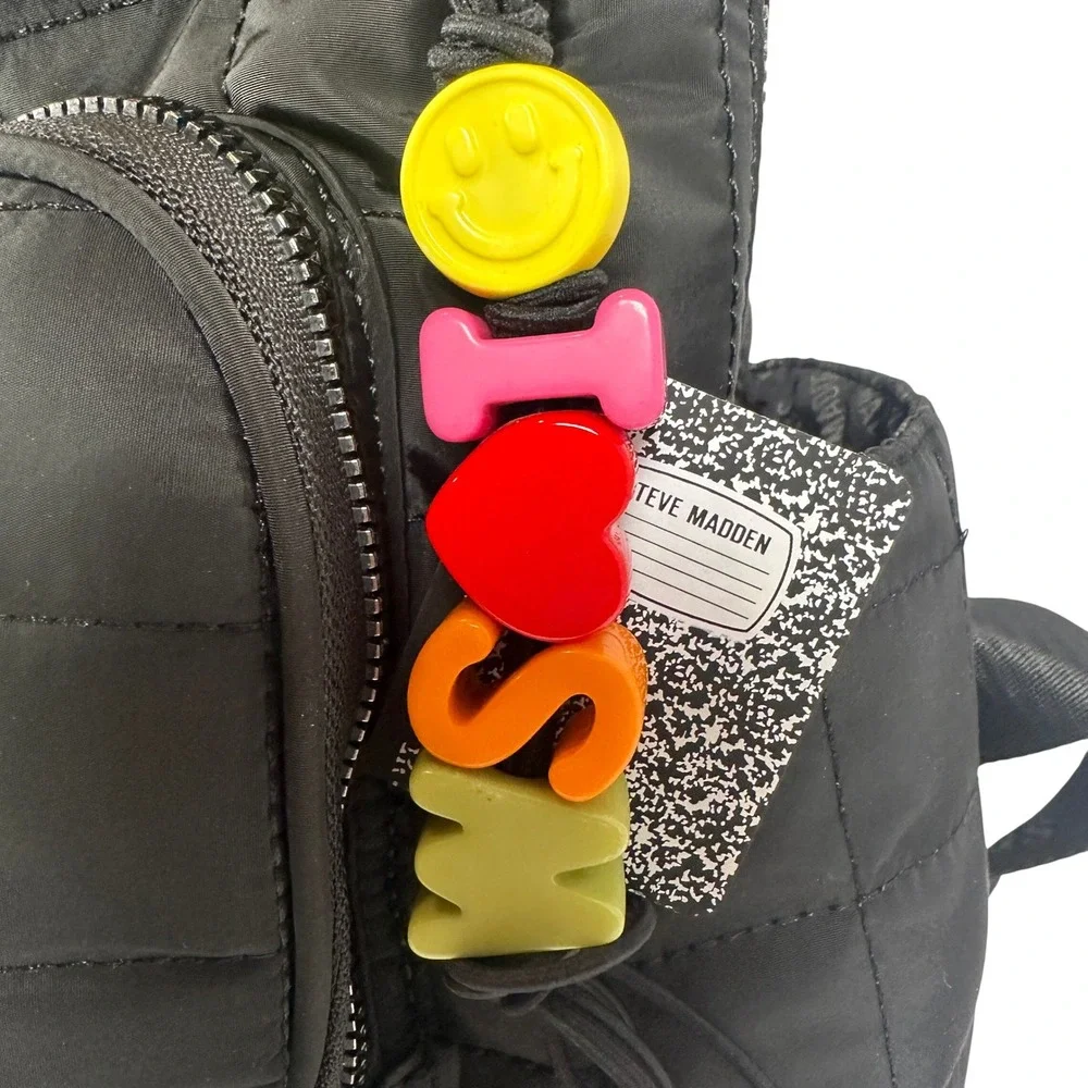 Steve‎ Madden Backpack Womens OS Black New Quilted Nylon Multi-Pocket Charm Bag
